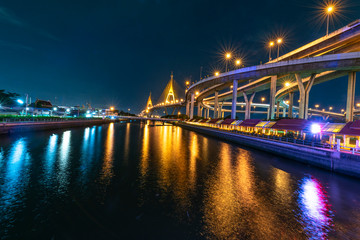 Fototapeta na wymiar Bhumibol Bridge in Thailand, also known as the Industrial Ring Road Bridge in Thailand. Bridge over the Chao Phraya River twice