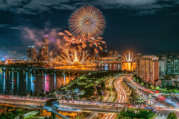 Hwaseong Fortress Gate, Seoul, and traffic in Seoul, South Korea.