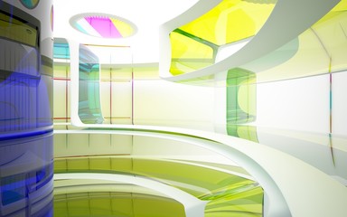 Abstract white and colored gradient glasses interior multilevel public space with window. 3D illustration and rendering.
