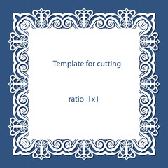 Greeting card with openwork border, paper doily under the cake, template for cutting, wedding invitation, decorative plate is laser cut, vector illustrations.