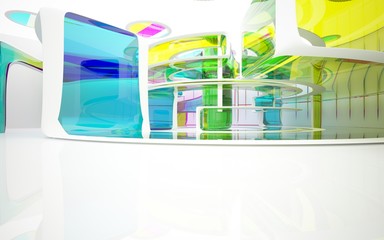 Abstract white and colored gradient glasses interior multilevel public space with window. 3D illustration and rendering.