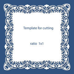 Greeting card with openwork border, paper doily under the cake, template for cutting, wedding invitation, decorative plate is laser cut, vector illustrations.