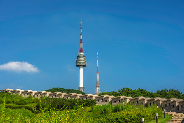 Fototapeta premium The spiers of the N Seoul Tower or Namsan Tower in Seoul, South Korea