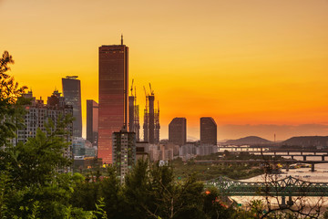 Sunset 63 building in Seoul and skyscrapers in Seoul, South Korea