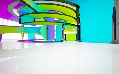 Abstract white and colored gradient smooth interior multilevel public space with window. 3D illustration and rendering.