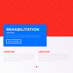 Obraz premium Rehabilitation for disabled concept with thin line icons: magnetic therapy, laser, massage, lymphatic drainage, exoskeleton, cryotherapy, suspension system. Vector illustration, web page template.