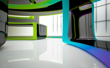 Abstract dynamic interior with black and colored gradient smooth objects. 3D illustration and rendering