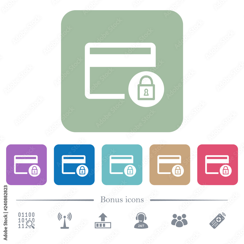 Poster lock credit card transactions flat icons on color rounded square backgrounds