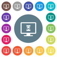 Busy computer flat white icons on round color backgrounds