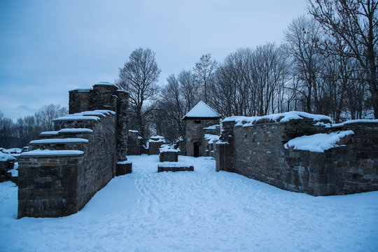 The islands around Oslo Norway during the winter before Christmas, the older settlement and the monument of the inhabitants of the native population
