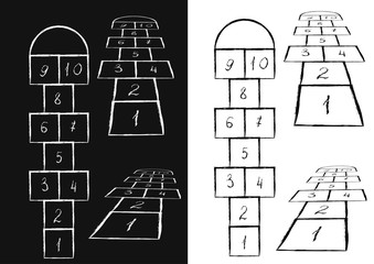 Bright hopscotch template. Vector illustration. Black on white, white on black