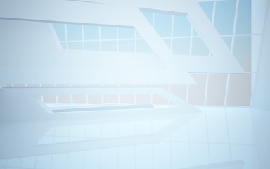 Abstract white interior multilevel public space with window. 3D illustration and rendering.
