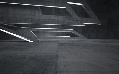 Abstract  concrete interior multilevel public space with neon lighting. 3D illustration and rendering.