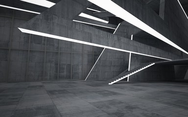 Abstract  concrete interior multilevel public space with neon lighting. 3D illustration and rendering.