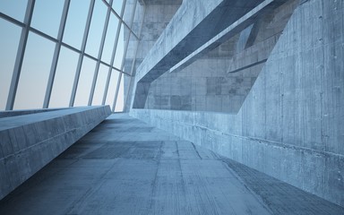 Abstract white and concrete interior multilevel public space with window. 3D illustration and rendering.