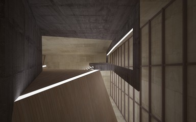 Obraz premium Abstract concrete and wood interior multilevel public space with neon lighting. 3D illustration and rendering.