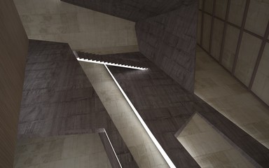 Obraz premium Abstract concrete and wood interior multilevel public space with neon lighting. 3D illustration and rendering.