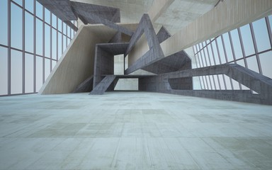 Abstract  concrete and wood interior multilevel public space with window. 3D illustration and rendering.