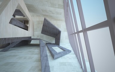Abstract  concrete and wood interior multilevel public space with window. 3D illustration and rendering.