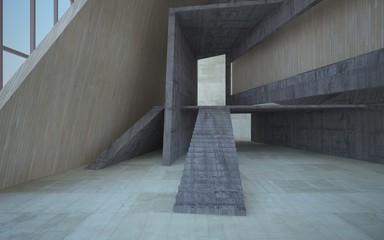 Abstract  concrete and wood interior multilevel public space with window. 3D illustration and rendering.