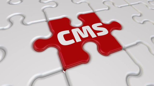 CMS. The inscription on the missing element of the puzzle. Folding white puzzles elements and one red with the word CMS (Content Management System). Footage video