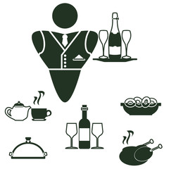 Icon set waiter and dishes with food from a restaurant: wine, champagne, chicken, cookie, tea. Service sign, logo. Classic banner or label for restaurants, cafe and any business.