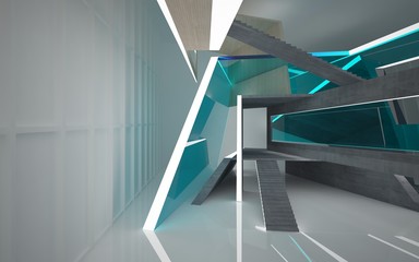 Abstract  concrete, wood and blue glass interior multilevel public space with neon lighting. 3D illustration and rendering.