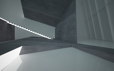 Obraz premium Abstract concrete, wood and blue glass interior multilevel public space with neon lighting. 3D illustration and rendering.