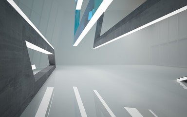 Abstract  concrete, wood and blue glass interior multilevel public space with neon lighting. 3D illustration and rendering.