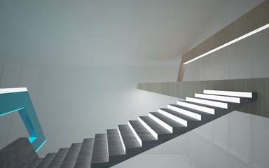 Obraz premium Abstract concrete, wood and blue glass interior multilevel public space with neon lighting. 3D illustration and rendering.