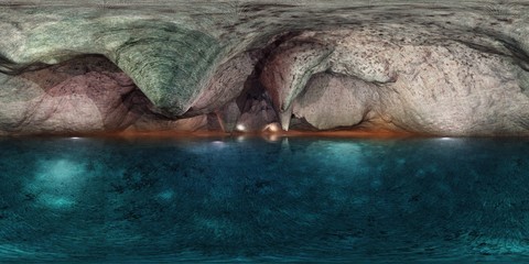 underground lake, HDRI, environment map , Round panorama, spherical panorama, equidistant projection, panorama 360
