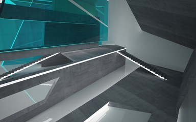 Abstract  concrete, wood and blue glass interior multilevel public space with neon lighting. 3D illustration and rendering.