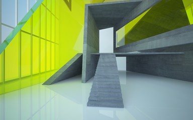 Abstract  concrete, wood and green glass interior multilevel public space with window. 3D illustration and rendering.