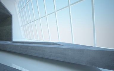 Obraz premium Abstract concrete, wood and green glass interior multilevel public space with window. 3D illustration and rendering.