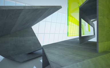Obraz premium Abstract concrete, wood and green glass interior multilevel public space with window. 3D illustration and rendering.