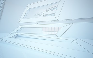 Abstract drawing white interior multilevel public space with window. Polygon black drawing. 3D illustration and rendering.