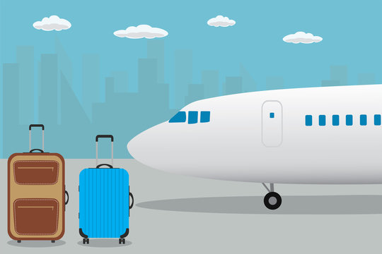 Aircraft on runway and suitcases,travel concept