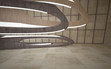 Empty dark abstract concrete and wood room smooth interior. Architectural background. Night view of the illuminated. 3D illustration and rendering