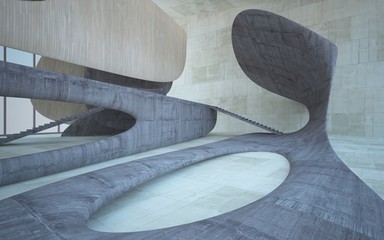 Empty dark abstract concrete and wood smooth interior. Architectural background. 3D illustration and rendering