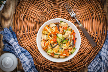 Fried chicken pieces with vegetables.