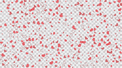 Red hearts of confetti are flying. Red on Transparent fond Vector. Spring background. The idea of wallpaper design, textiles, packaging, printing, holiday invitation for birthday.