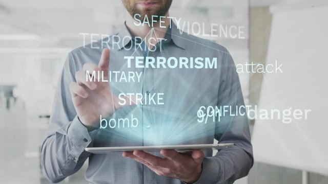 terrorism, danger, attack, bomb, dread word cloud made as hologram used on tablet by bearded man, also used animated violence safety military strike word as background in uhd 4k 3840 2160
