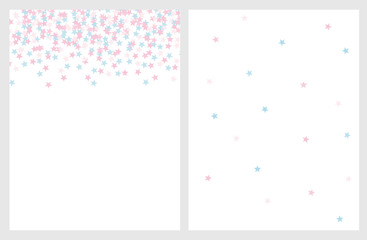 Set of 2 Star Vector Layouts. Light Blue and Pink Confetti of Star Shape. Delicate Pastel Color Simple Design. White Background. Cute Bright Party Illustration.