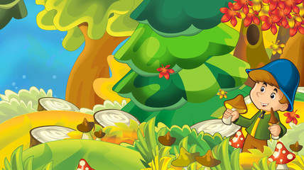 Obraz na płótnie Canvas cartoon autumn nature background with boy gathering mushrooms - illustration for children
