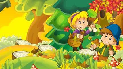 cartoon autumn nature background with girl and boy gathering mushrooms - illustration for children