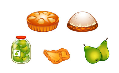 vector set of canned pears, cake and muffin home-cooked food