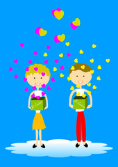 Un jeune homme et une jeune fille échangent leurs cœurs