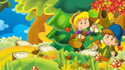 Naklejka premium cartoon autumn nature background with girl and boy gathering mushrooms - illustration for children