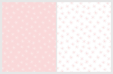 Hand Drawn Flowers Vector Patterns. Light Pink and White Color Design. Floral Repeatable Patterns. Pastel Colors. Light Pink and Whte Background.