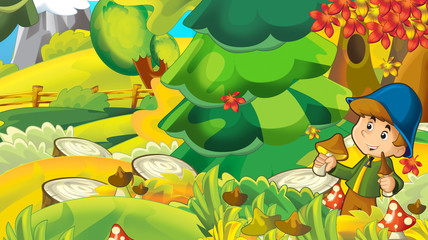 cartoon autumn nature background with boy gathering mushrooms - illustration for children